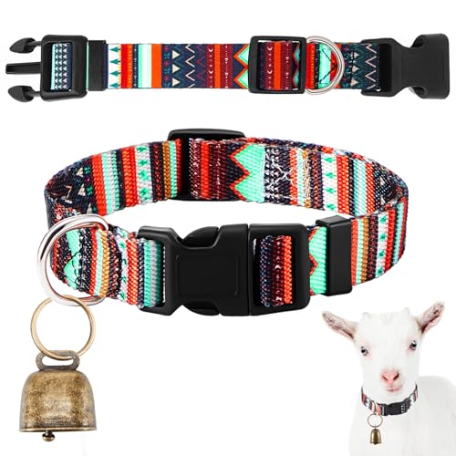 Image of Goat Collar with Bell, Sheep Grazing Copper Bells and Adjustable Nylon Collar Set Loud Bronze Bell for Summer Small Farm Animal Sheep Cow Dog Accessories Gift(Geometric)