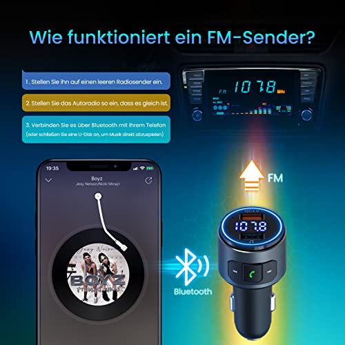 Verbesserter V5.0 Bluetooth-FM-Transmitter für Auto, QC3.0 & LED-Hintergrundbeleuchtung, kabelloser...