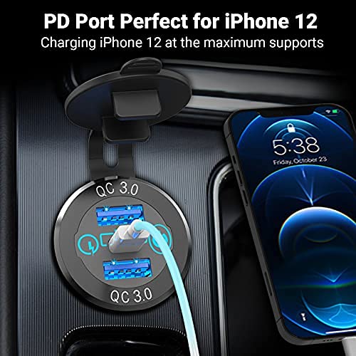 USB-aansluiting, 12 V, autolader met meerdere poorten, aluminium, dubbele poort, U-S-B QC 3.0 en PD USB-C stopcontact met schakelaar, voltmeter voor auto, boot, vrachtwagen, snel opladen voor iPhone
