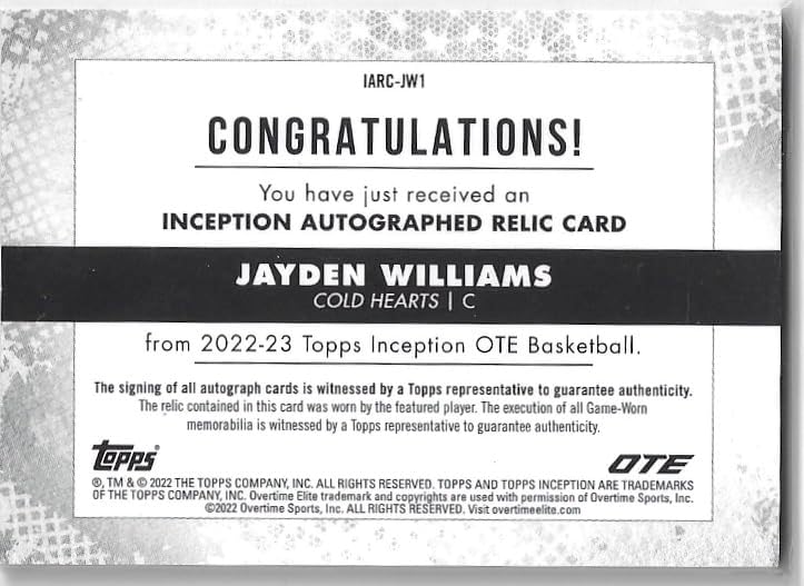 Jayden Williams Autographed & Serial Numbered #120/149 Parallel Autographed Relic Rookie Card Inception Collectible Basketball Card - 2023 Topps Inception OTE Basketball Card #IARC-JW1 (Cold Hearts)