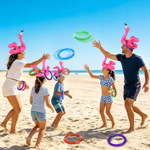 Camlinbo 15 Pcs Inflatable Flamingo Pool Toys Ring Toss Pool Game