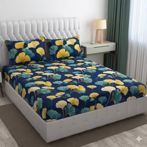 Image of Cotton Bolls Textiles Glace Cotton Flat Bedsheet 90x90 Inch with 2 Pillow Covers - Soft Breathable Glace Cotton, Printed Bedding Set for Double Bed