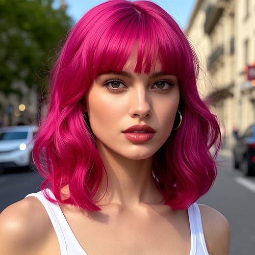winacdkil Wavy Wig With Bangs Wavy Bob Wig with Bangs Synthetic Natural Looking Heat Resistant Fiber Wigs Cosplay Halloween Party Wigs for Girl Colorful Costume Wig (Hot Pink1)