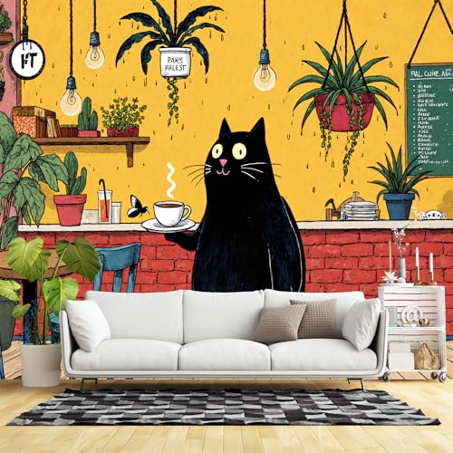 Murales de pared de tamaño personalizado, diseño de dibujos animados caprichosos y acogedores, gatos negros, ladrillos rojos, tela de pared autoadhesiva (sin PVC), papel tapiz fotográfico grande