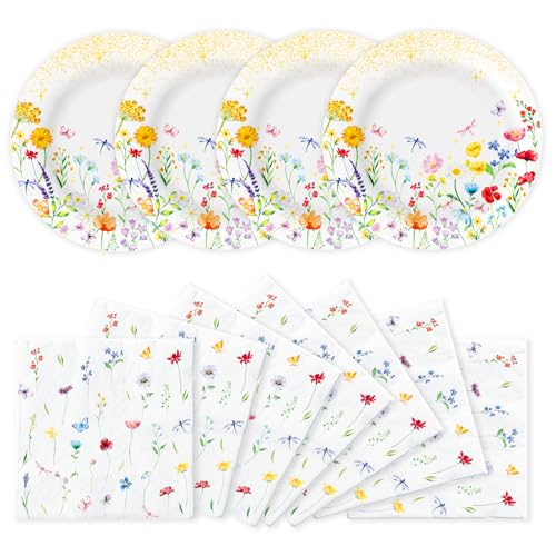 LyingMonkey 50 PCS Wildflower Spring Paper Plates and Napkins Set Serve 25