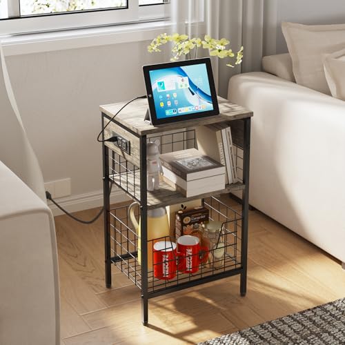 La mejor selección de Mesas de café los mejores 5. 42 FurnitureR Mesa Auxiliar con Estacion Carga y Puertos USB, Mesa Auxiliar 3 Niveles para Sala Estar, Dormitorio, Mesa Sofa Estrecha, Estante Almacenamiento Mesita Noche,Cafe