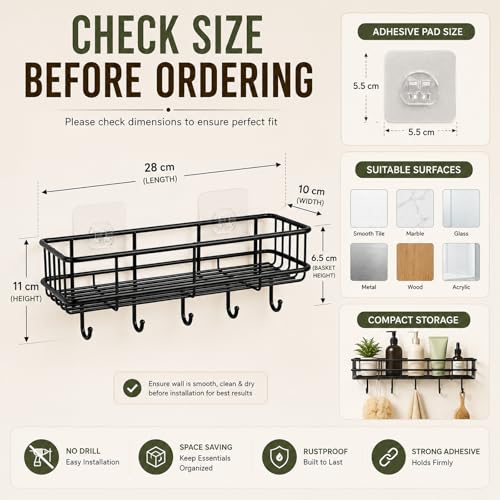 Image of DALUCI Bathroom Organiser Without Drill GI Steel Self Adhesive Bathroom Shelf Rack Stand for Wall Rustproof Shampoo Holder Bathroom Kitchen Shelf Bathroom Accessories Set (Black, 2 Pcs)