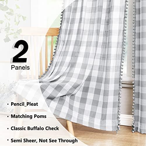 White Grey Buffalo Plaid Pom-Pom Curtains for Living Room 90 Inch Farmhouse Checkered Pattern Linen Texture Semi Sheer Window Curtains Rustic Gingham Pencil Pleat Draperies for Bedroom, 40"w 2 Panels