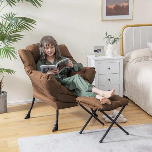 COSTWAY - COSTWAY Fauteuil Salon Scandinave avec Repose-Pieds, Fauteuil Relax avec Oreiller et Poche Latérale, Confortable pour Lecture, Cadre en Métal pour Charger de 150 kg (Café)