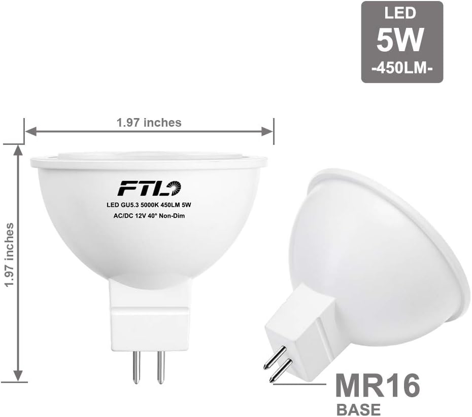 FTL MR16 LED Light Bulbs GU5.3 Cool White 5000K 12V Spotlight Bulbs 5W(50W Halogen Lamp Equivalent) 450LM Bi-Pin Base 40 Degree Beam Angle 6-Pack - Image 3