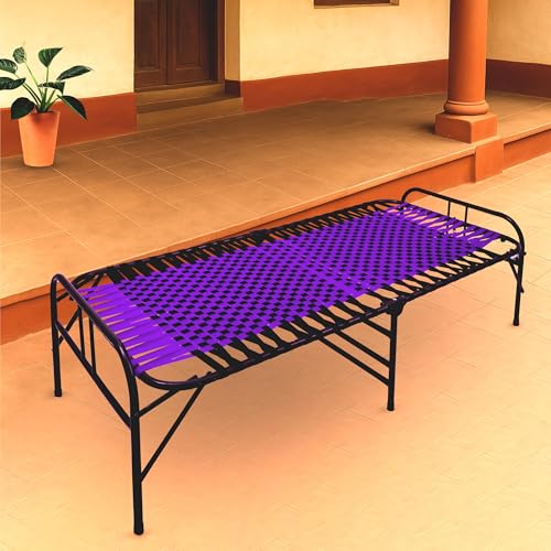 Image of Casa Copenhagen, Portable Single Folding Bed Heavy Duty Metal Cot Khat for Sleeping Bed Space Saving Design Sturdy Synthetic Niwar feet - Purple & Black