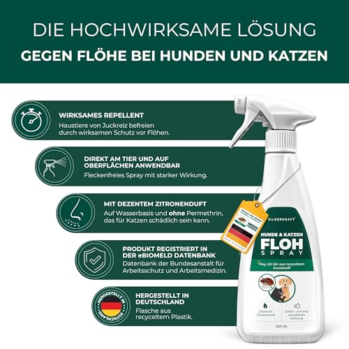 Silberkraft Flohmittel, Floh-Spray 500 ml - Flohspray für Hund, Katze und andere Haustiere - Umgebungsspray - ideales Anti-Floh-Mittel gegen Flöhe, Zecken, Parasiten, Ungeziefer