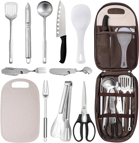 10 Pieces Camping Kitchen Utensil Set, Portable BBQ Cookware Organizer Travel Kit with Case - Cutting Board/Rice Paddle/Tong/Scissor/Ladle/Spatula/Knife/Bottle Opener for Indoor or Outdoor