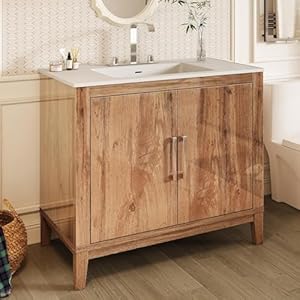39” Bathroom Vanity with Sink Combo, Farmhouse Bathroom Vanity with Storage, Single Sink Bathroom Vanity with High Gloss Wood Grain, Yellow Oak 39 Bathroom Vanity with Sink Combo Farmhouse Bathroom Vanity with Storage Single Sink Bathroom Vanity with High Gloss Wood Grain Yellow Oak
