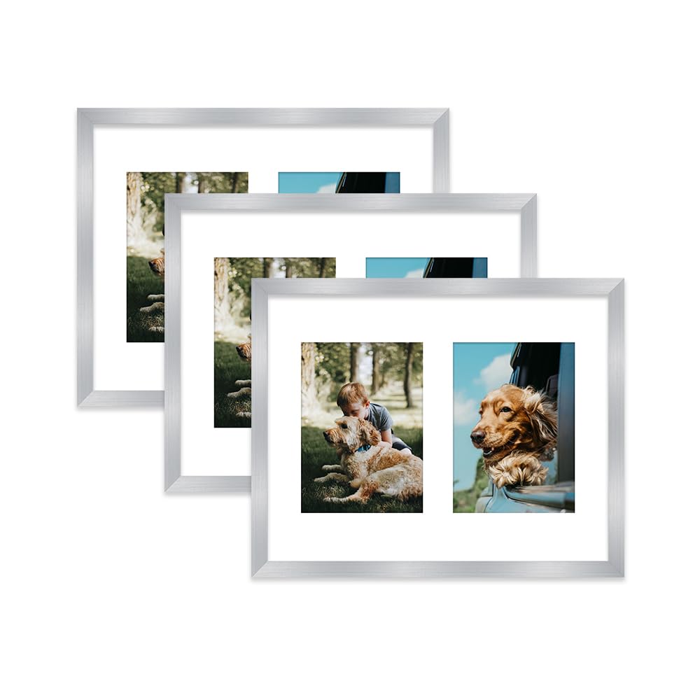 Silver Multi Photo Frame - Holds 2 x 7x5 Pictures, Family Collage Picture Frame for Wall Display, 14x11 Frame size, Set of 3
