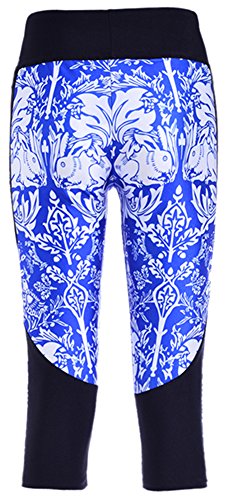 Sister Amy Women's Digital Printed Workout Running Capri Pants Crop Leggings Black/Blue Flower Us Xxs/Asian S #TOP3