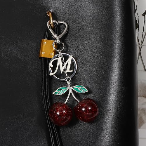 Heart-Shaped Keychain with Initial A-Z and Cherry Charm Bag Charms for Women,Car Accessories