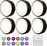 Schrankbeleuchtung, HELPLEX 6 Pack LED Unterbauleuchten, Dimmbare Unterbauleuchte Küche Led, Mehrfarbig Led Batteriebetrieben Vitrinenbeleuchtung mit Fernbedienung und Timing-Funktion, Schwarz