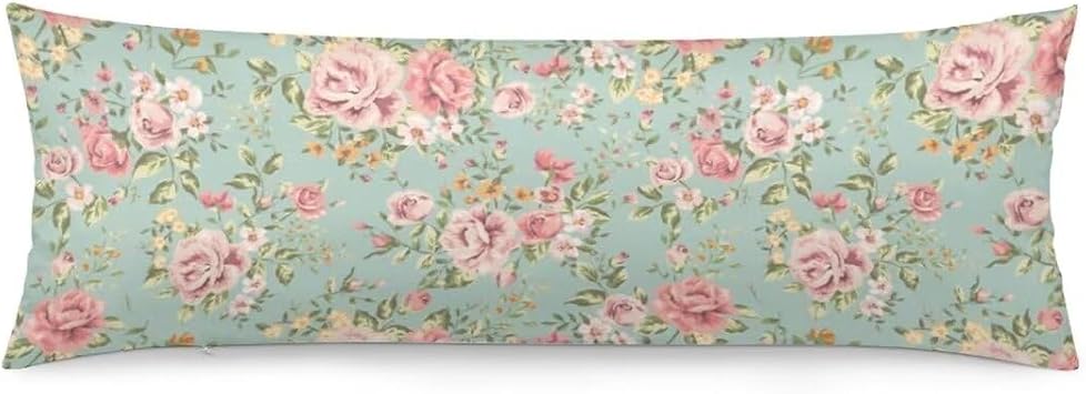 Flowers Body Pillow Cover Spring Floral Pink Flower Long Pillow Case Protector with Zipper Decorative Sage Green Pillowcase Soft Large Pillow Cases Covers Cushioned for Bed,Couch,Home Gift 20"x54"