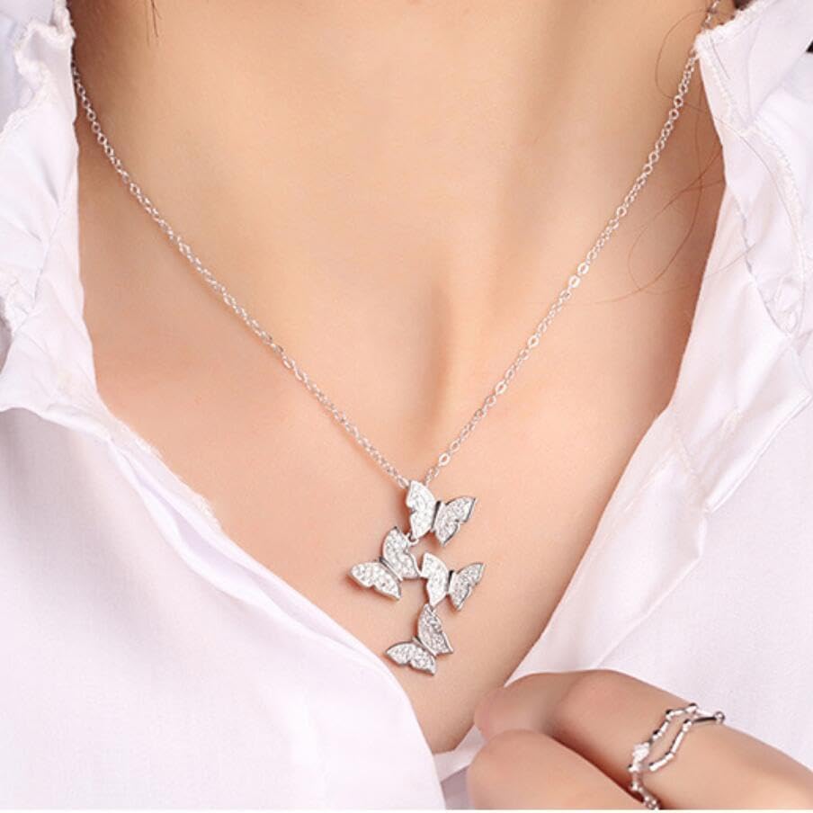 Real 925 Sterling Silver Long Zircon Butterfly Necklaces Pendant Fashion Sterling Silver Jewelry Statement Chain Necklace for Women Ladies Girls Gifts - Image 2