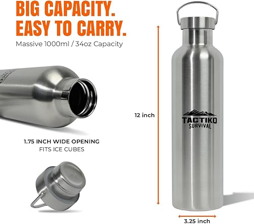 Miniatura 2 de Tactiko Survival Botella de agua aislada de acero inoxidable con boca ancha, aislamiento de doble pared, a prueba de fugas, sin BPA, con cepillo de