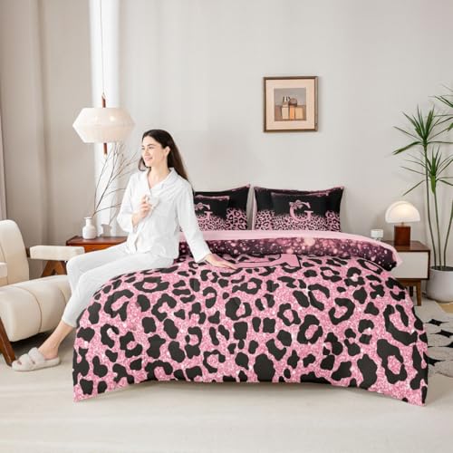 Image of Feelyou Bow Initial Letter G Comforter Set Twin Size 7 Pieces Glitter Leopard Print Bedding Set Kids Boys Girls Girly Bow Bed in a Bag with Comforter, Sheets, Pillowcases, Cushion Covers Bedroom Decor