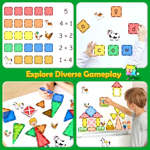 105 PCS Magnetic Tiles with Farm Animals, Magnetic Blocks Building Toys for 3+ Year Old Toddler, Construction STEM Magnet Toys Gift for Kids, Boys and Girls 3 4 5 6 7 8+ Year Old - Image 6