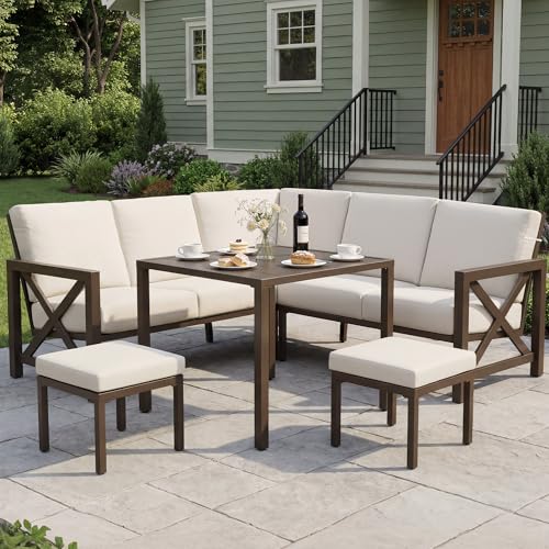 Image of NATURAL EXPRESSIONS 8 Pieces Patio Furniture Sets,Metal Outdoor Sectional Furniture L Shape Conversation Sets with Dining Table,2 Ottomans,Highback Frame,Large Waterproof Cover, 6.5 inch Cushions for Yard