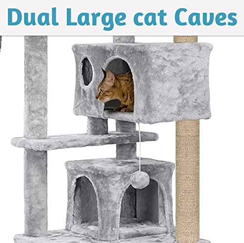 Image of Mellifluous Fur Fabric Activity Kitten Cat Tree - Ladder | Multiple Seats | Condos | Furry Balls | Jute Rope Scratching Posts (Grey) (Height 62 Inch)