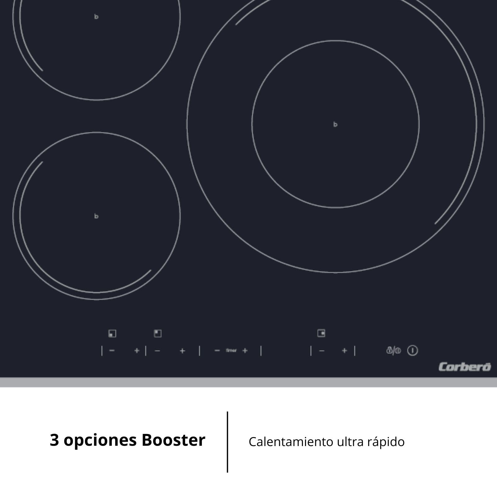 Corberó - Placa Inducción | 3 Zonas | CCIM3FBS324 | Potencia 7400W | Touch Control | 3 Boosters | Zona Grande 32 Cm | Bordes Biselados | Temporizador| Bloqueo Seguridad Niños | Negro