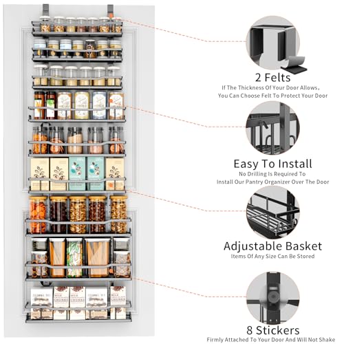 MSERCUOR 9-Tier Over The Door Pantry Organizer Rack，Adjustable Metal Basket Spice Rack Seasoning Shelves, Hanging Spice Rack for Pantry Door, Kitchen Laundry Fit Wider Door (9 Tier Black) by MSERCUOR - Image 5