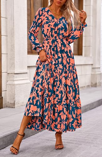 BTFBM Women Fall Dresses 2025 Casual Long Sleeve V Neck Maxi Dresses Floral Boho Long Dress Wedding Guest Dress
