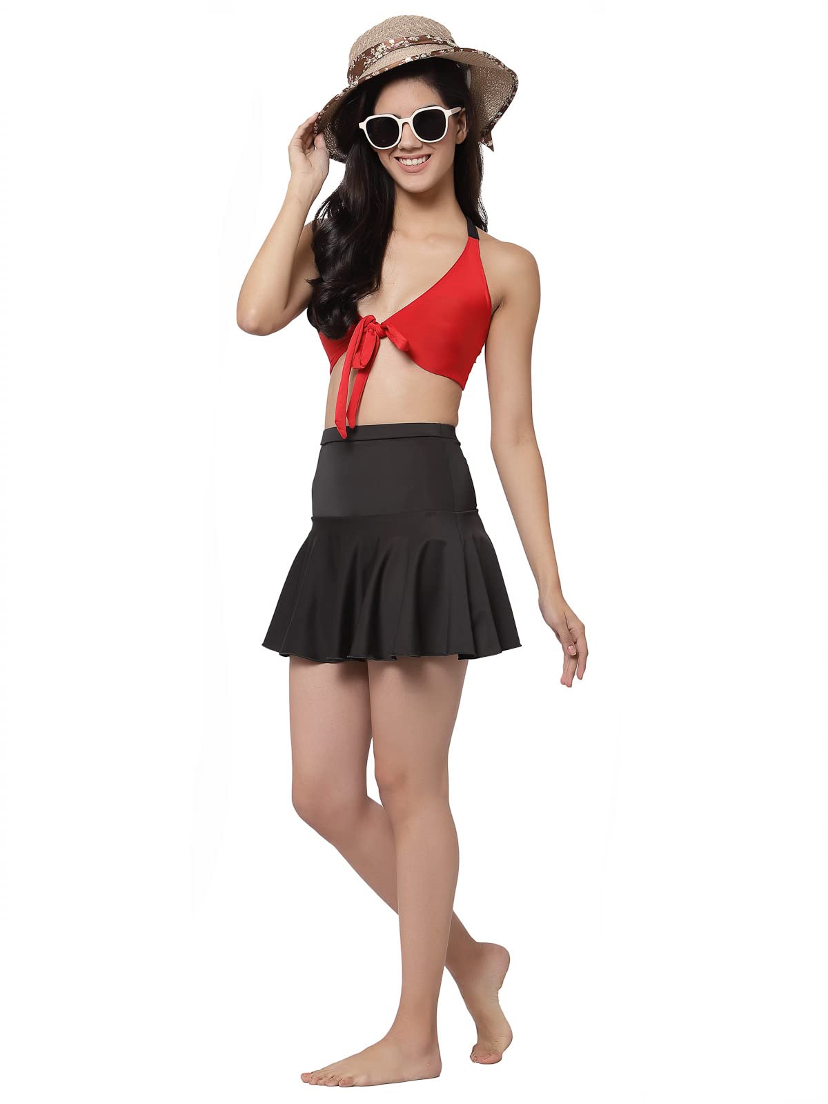 CUKOO Solid Red and Black Two Piece Tankini Swimwear Set 3