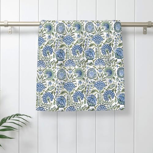 Image of Blue Sage Green Block Print Floral Kitchen Towels Spring Boho Vintage Flower Dish Towels, 16x24 Inch Farmhouse Seasonal Summer Decoration Absorbent Hand Towels for Kitchen Drying Decor Set of 2