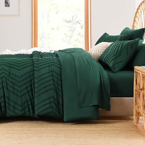 Image of Andency Emerald Dark Green Queen Comforter Set, Boho Tufted Bed in a Bag 7 Pieces Bedding Set, Fluffy Soft Bed Set with 1 Comforter, 1 Flat Sheet, 1 Fitted Sheet, 2 Pillow Shams, 2 Pillowcases