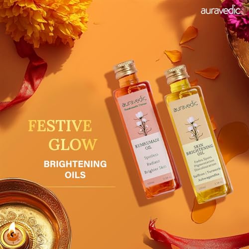 Auravedic Kumkumadi Oil & Skin Oil Combo | Saffron, Turmeric and Winter Cherry Infused Face Moisturizer | Hydrating & Moisturizing | for All Skin Types | 3.38Fl Oz (100ml) - Image 3