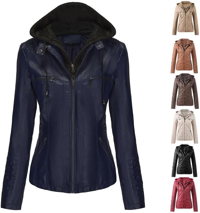 Oversized Leather Jacket Women's Long Sleeve Solid Square Collar Trendy Outerwear Winter Fashion Coat Ladies Hooded Faux Leather Autumn Winter Motorcycle Jacket