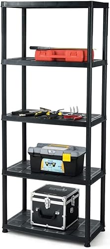 LDAILY Estante de pie resistente de 5 niveles, estante de almacenamiento de plástico libre multiusos, fácil de montar, negro (1, 33.5 pulgadas de