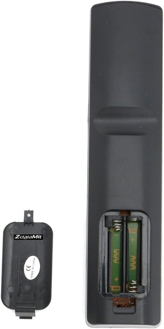 Back view of the ZdalaMit AKB7915239 remote control with the battery compartment open, showing slots for two AAA batteries.