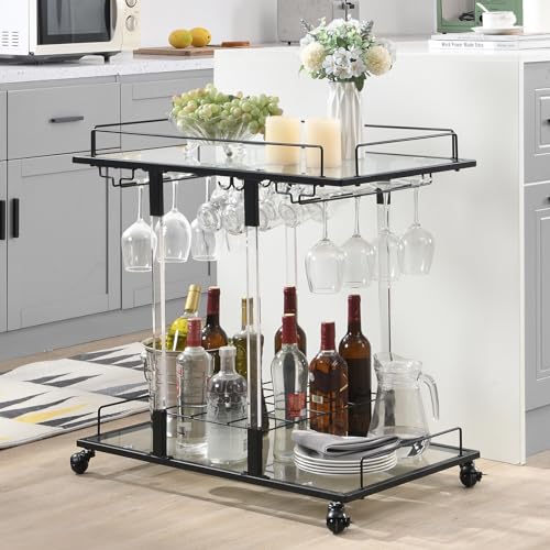 FERFALDER Bar Cart for Home Bar Chrome Serving Cart with Wine Rack 2-Tier Acrylic Rolling Bar Carts on Wheels Clear Dessert Cart Lucite Bar Stand Glass Liquor Cart for Living Room Kitchen Club Black
