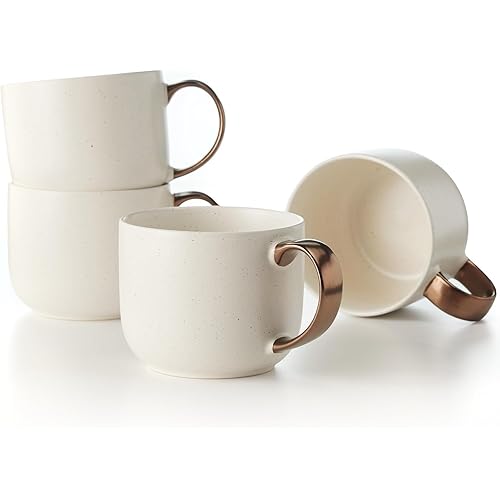 Maison Neuve Luna Collection Stoneware Mug Set of 4-19 oz Round Ceramic Mug Set for Hot Tea & More - Stoneware Coffee Mugs - Microwave & Dishwasher Safe - Modern Coffee Mug Gift - Cream/Bronze