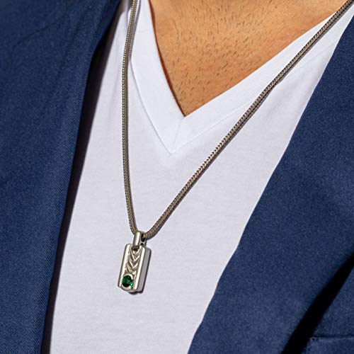 Peora Simulated Emerald Chevron Pendant Necklace For Men In Sterling Silver, Round Shape, Brushed Finished, With 22-Inch Italian Chain #TOP2