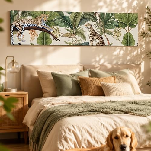 Image of Tropical Leopard Jungle Exotic Wildlife Canvas Wall Art Painting For Living Room, Green Botanical Jungle Painting Tropical Leopard Wall Art For Home & Office, 12x46 Inch