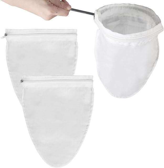 3pcs Ultra Fine Mesh Strainer Bag, 10.6" x 7.87" Reusable Strainer Bag with Zipper Sieve Cloth Strainer Filter Bag Nut Milk Bags with Stainless Steel Frame and Handle for Juicing Coffee Cooking