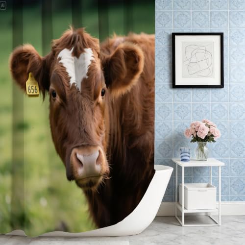 Rideau de douche imprimé vache 3D en tissu imperméable polyester - 5
