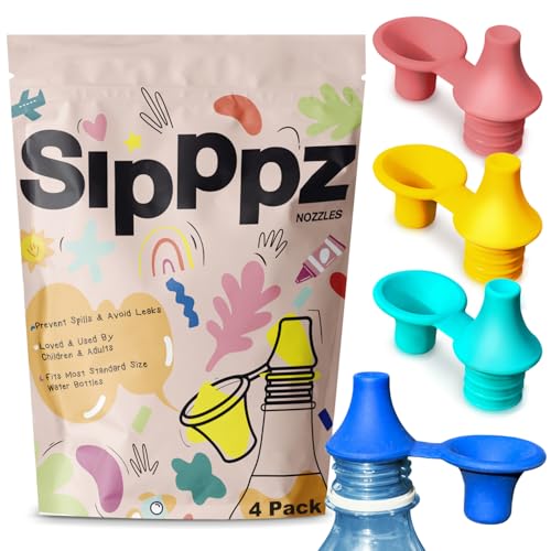 [4 Pack] Sipppz Nozzles - No Spill Silicone Bottle Top Spout - Soft, Flexible Silicone - Blue, Green, Yellow, Pink - Fit Most Standard Bottles - BPA-Free, Latex-Free, Lead-Free