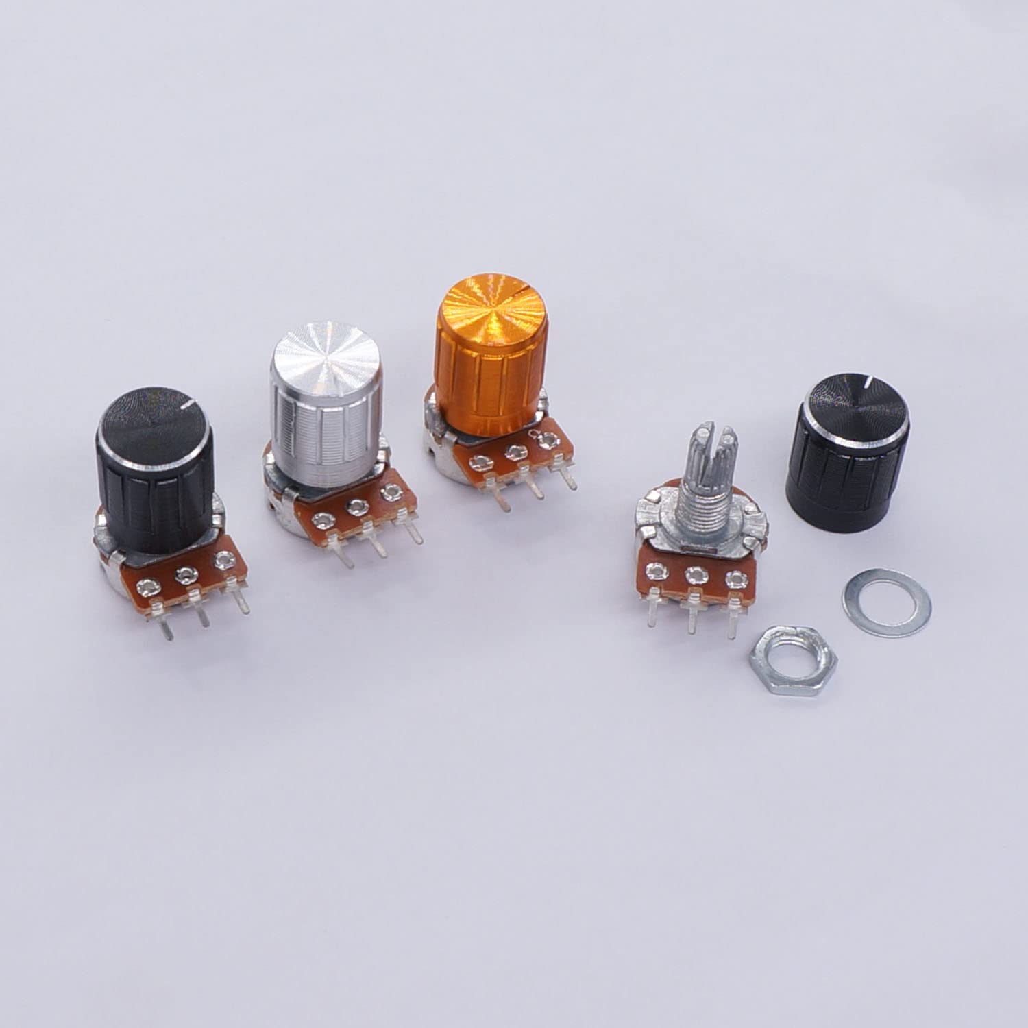 Taiss 60PCS Potentiometer Kit B5K 10K 20K 50K 100K Ohm Linear Taper Rotary Audio B Type Potentiometer with Nuts, Washers and 3 Different Colors of Aluminum Alloy knobs F029: Industrial & Scientific