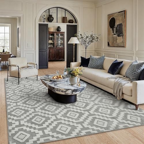 PureCozy Tapis Gris Blanc pour Salon 240x300cm Boho Chambre à Coucher Grand Tapis Lavable 3D Effet Courte Pile Flannel Antidérapant pour Salle à Manger...