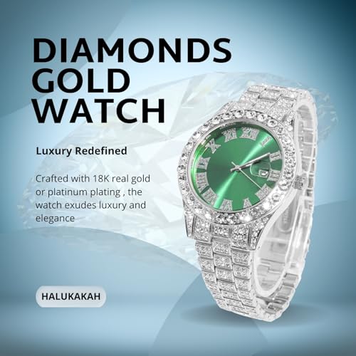 Image of Halukakah Diamonds Gold Watch Iced Out for Boy Teens Kids - 18K Real Gold /Platinum Plated,42mm Blue /Green /Red Dial,Japanese Quartz - 8 inch Length - Optional with Cuban Link Chain,with Watch Adjuster Tool
