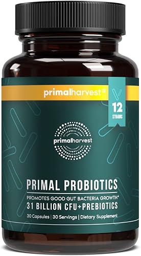 Primal Harvest Probióticos para mujeres y hombres, suplemento probiótico diario con 12 cepas para la salud intestinal y digestiva, 30 cápsulas